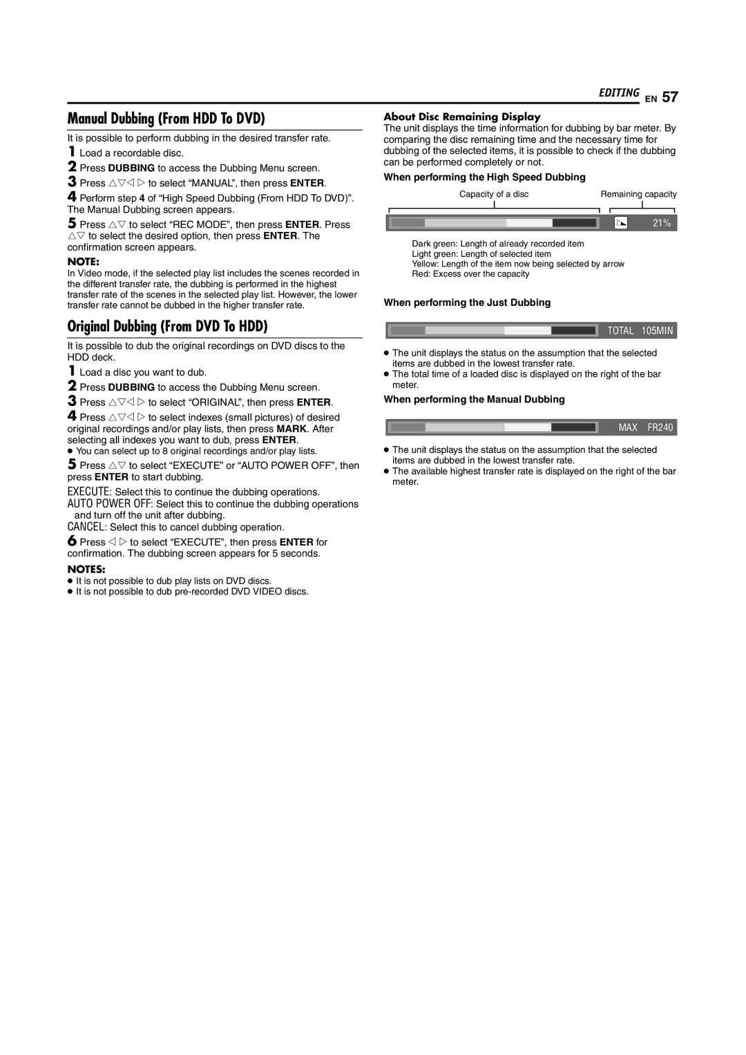 JVC LPT0923-001A manual Manual Dubbing From HDD To DVD, Original Dubbing From DVD To HDD, About Disc Remaining Display 