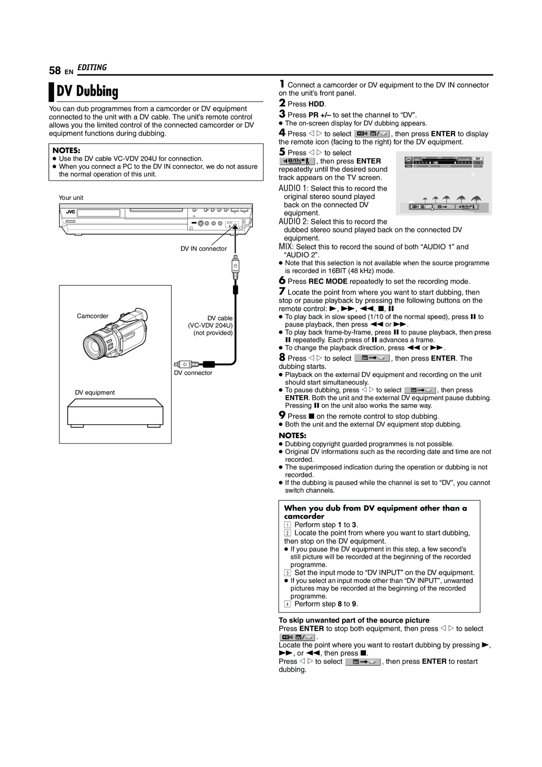 JVC LPT0923-001A manual DV Dubbing, To skip unwanted part of the source picture 