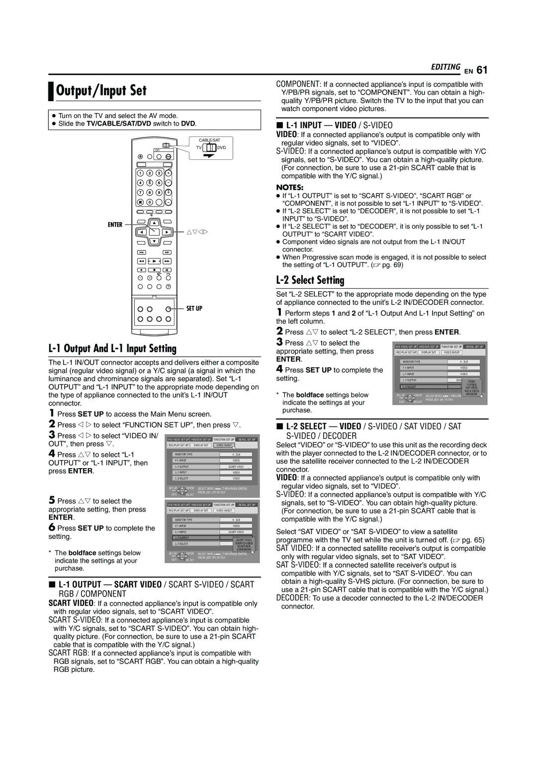 JVC LPT0923-001A manual Output/Input Set, Output And L-1 Input Setting, Select Setting 