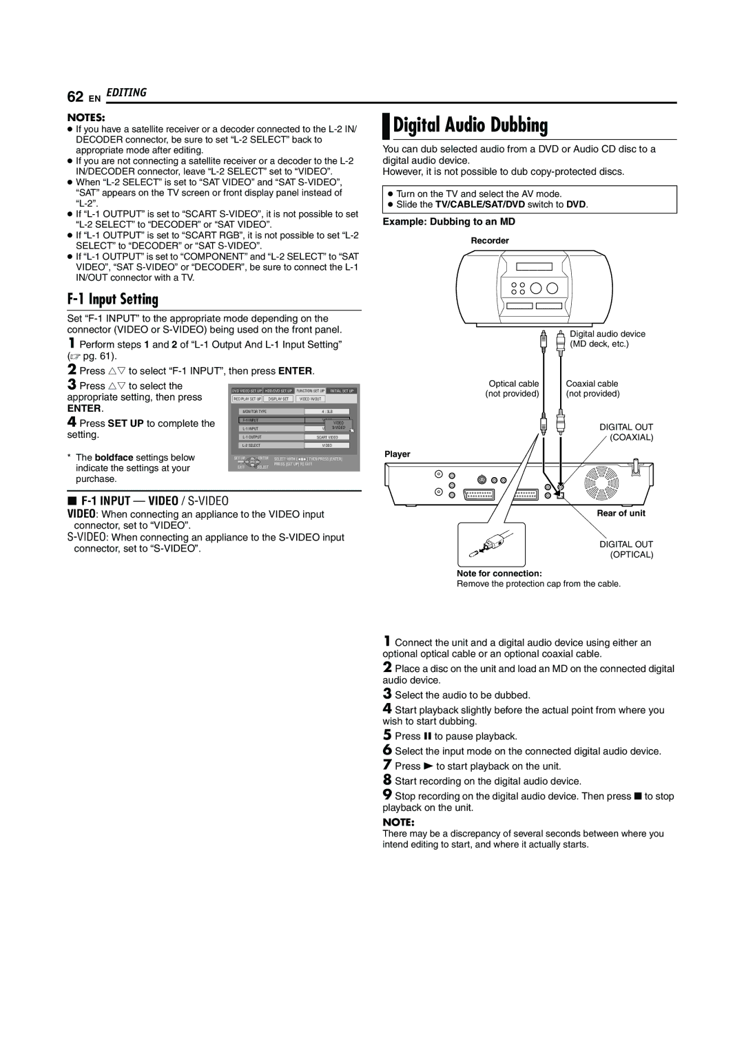 JVC LPT0923-001A manual Digital Audio Dubbing, Input Setting, Example Dubbing to an MD 