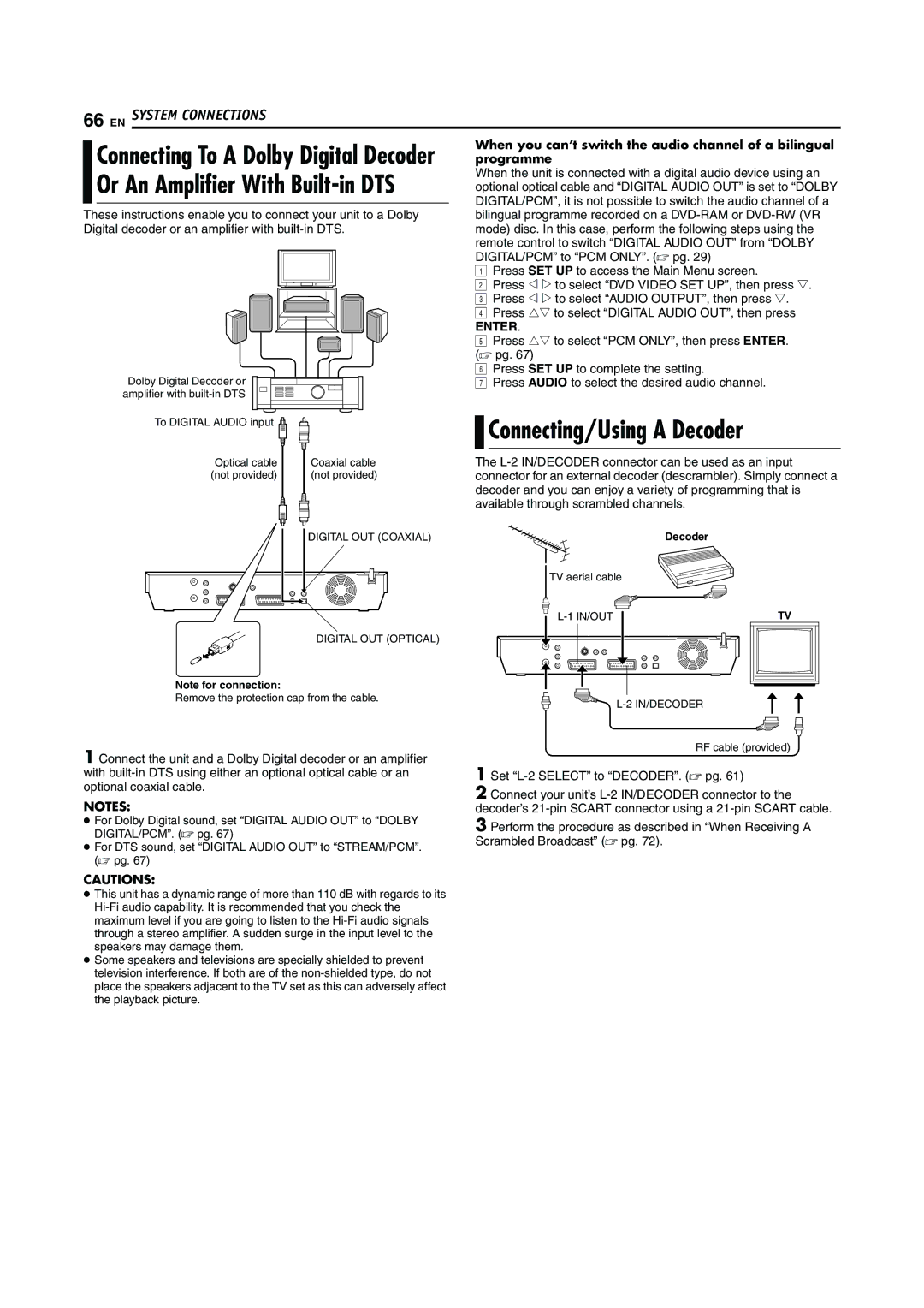 JVC LPT0923-001A manual Connecting/Using a Decoder, Or An Amplifier With Built-in DTS 