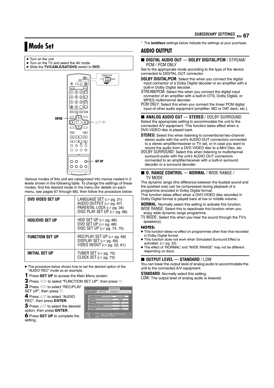 JVC LPT0923-001A manual Mode Set, Press rt to select Audio, REC, then press Enter 