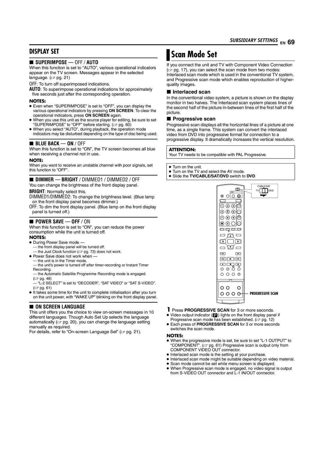 JVC LPT0923-001A manual Scan Mode Set, Press Progressive Scan for 3 or more seconds, During Power Save mode 