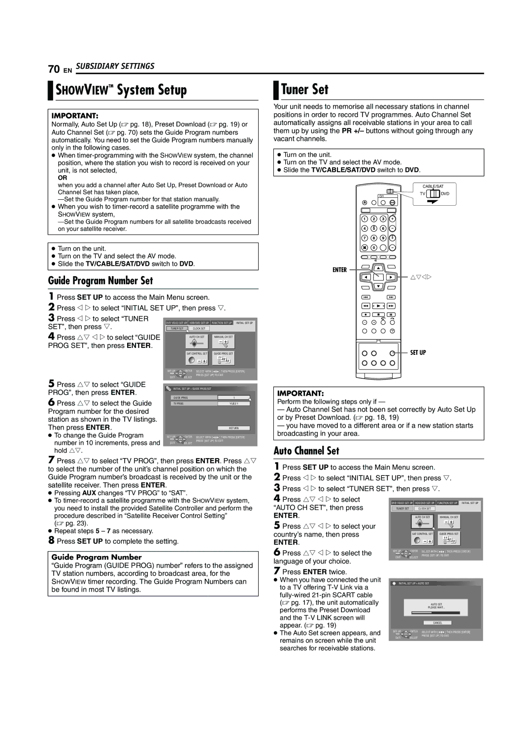 JVC LPT0923-001A manual Showviewtm System Setup, Tuner Set, Guide Program Number Set, Auto Channel Set 