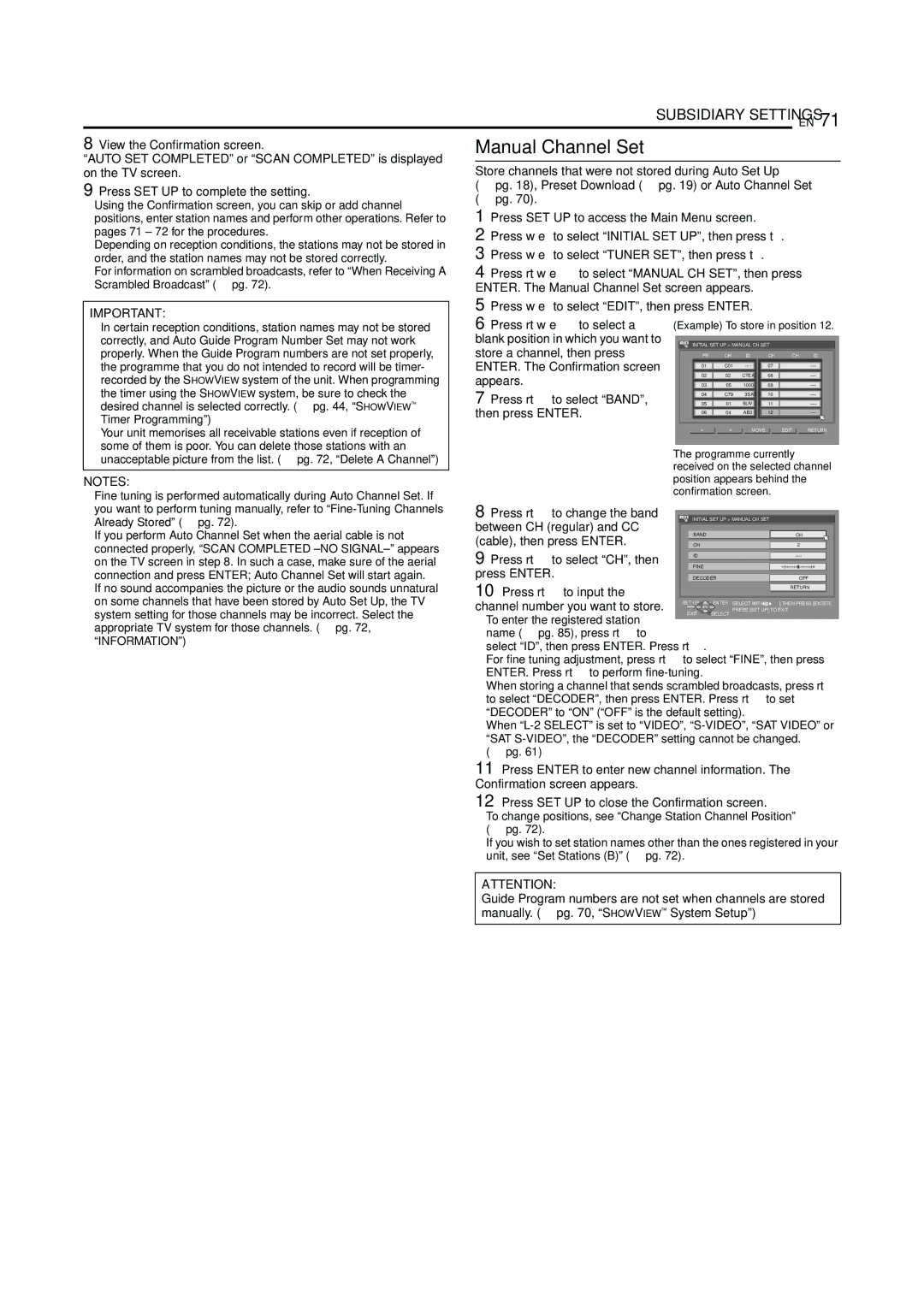 JVC LPT0923-001A manual Manual Channel Set 