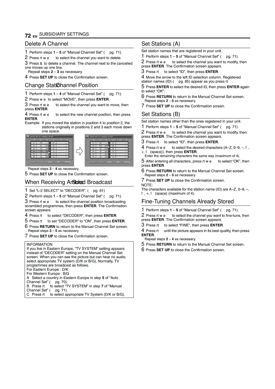 JVC LPT0923-001A Delete a Channel, Change Station Channel Position, When Receiving a Scrambled Broadcast, Set Stations B 