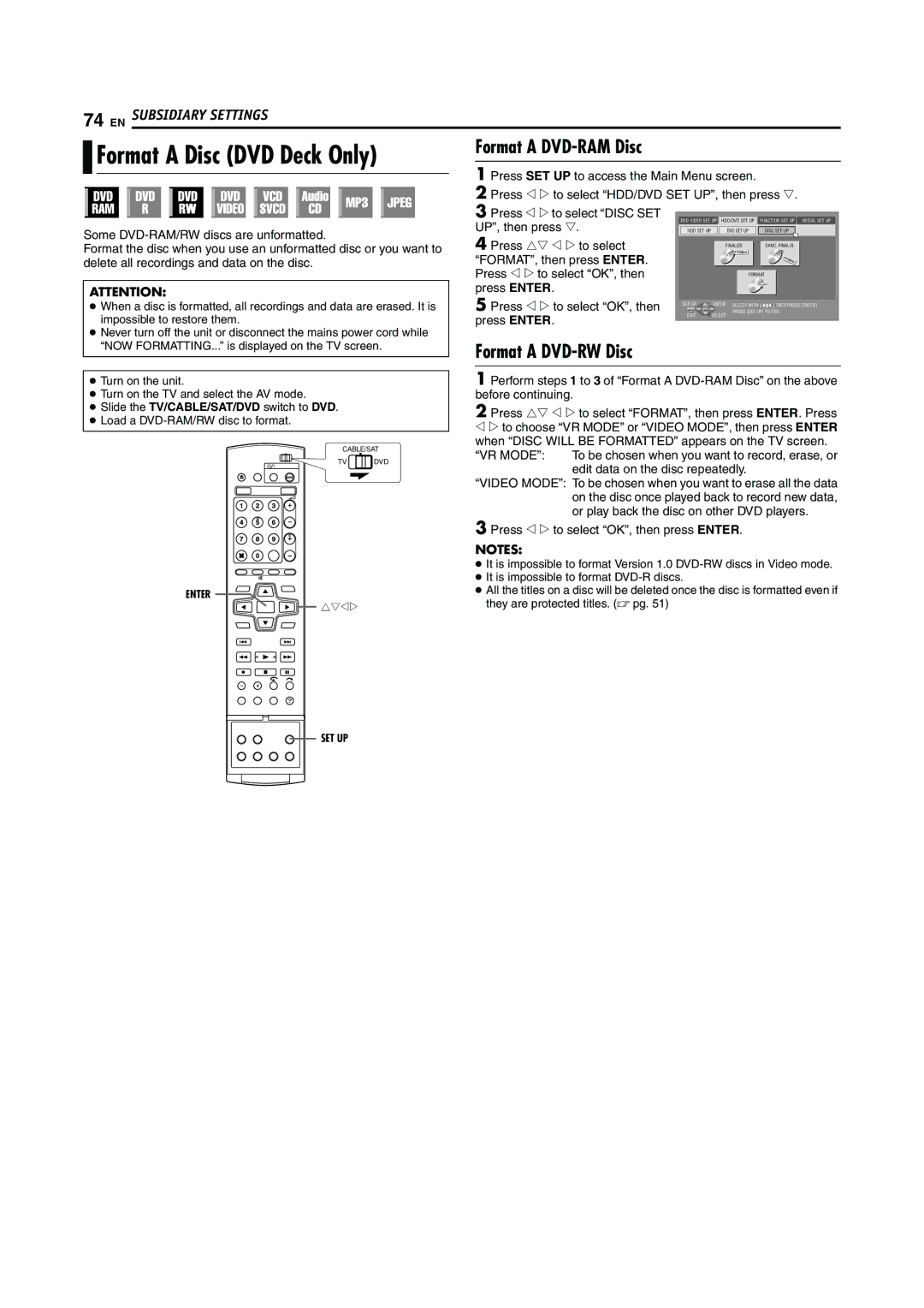 JVC LPT0923-001A manual Format a Disc DVD Deck Only, UP, then press t, Some DVD-RAM/RW discs are unformatted 