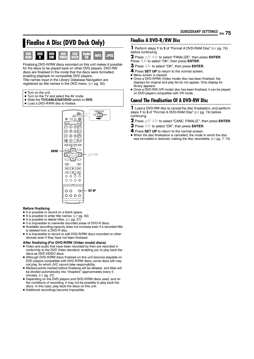 JVC LPT0923-001A manual Finalise a Disc DVD Deck Only, Finalise a DVD-R/RW Disc, Cancel The Finalisation Of a DVD-RW Disc 