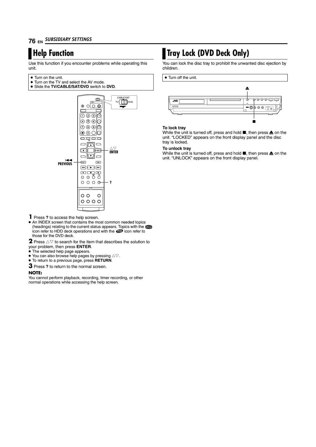 JVC LPT0923-001A manual Help Function, Tray Lock DVD Deck Only, To lock tray, To unlock tray 