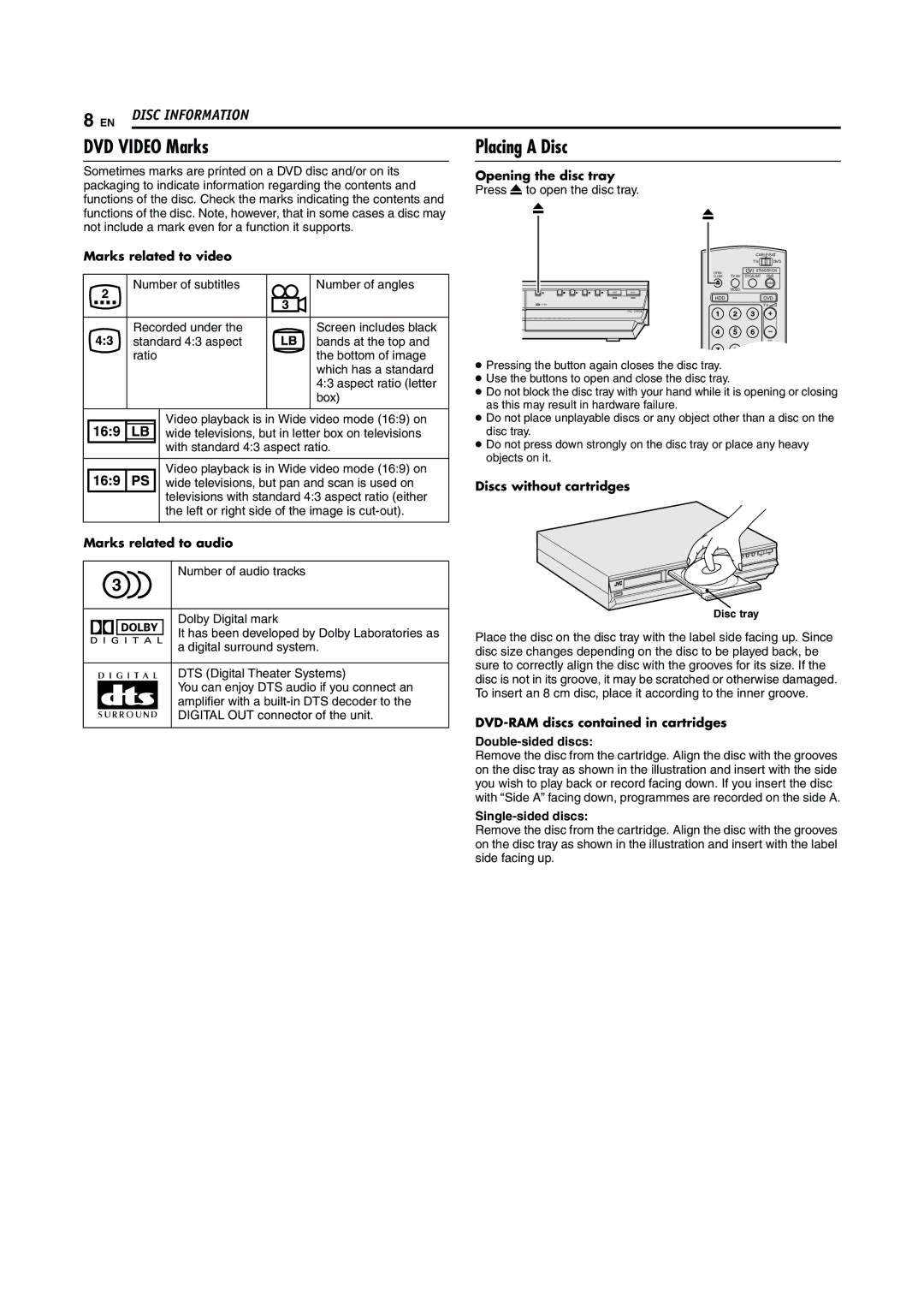 JVC LPT0923-001A manual DVD Video Marks, Placing a Disc 