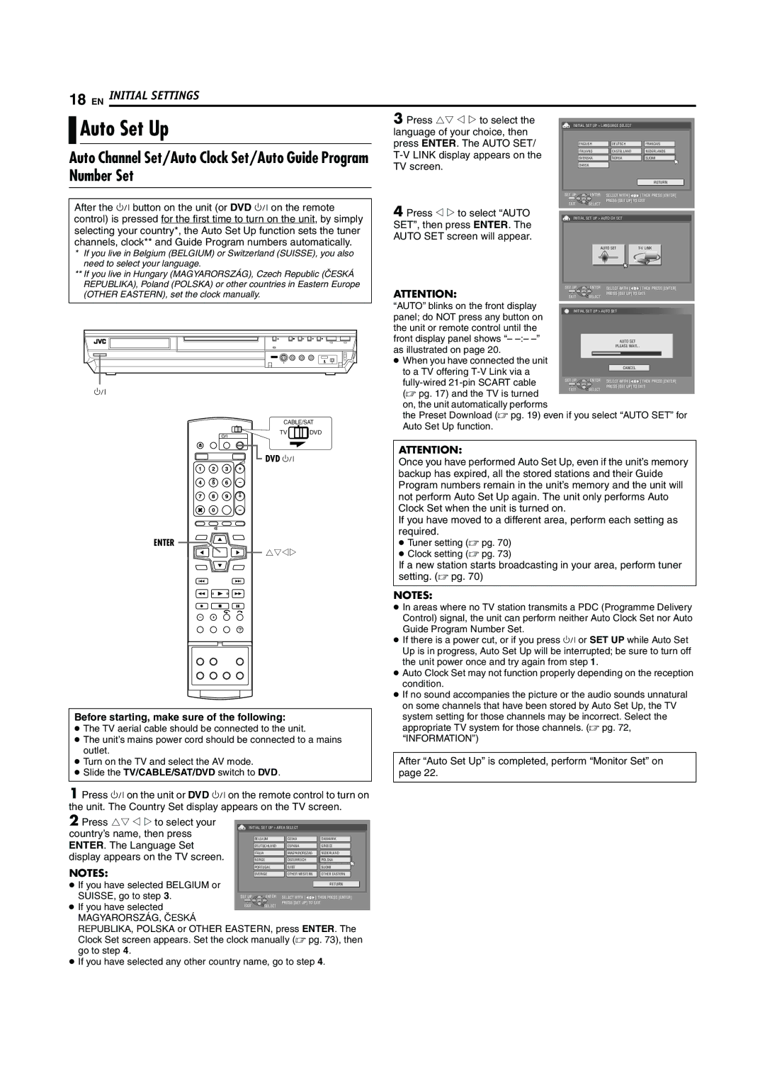 JVC LPT0923-001B manual Auto Set Up, Before starting, make sure of the following, ENTER. The Language Set 