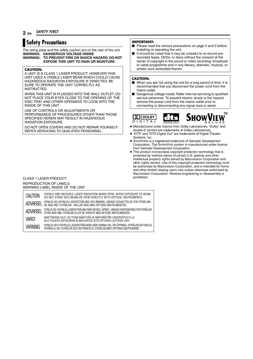 JVC LPT0923-001B manual Safety Precautions 