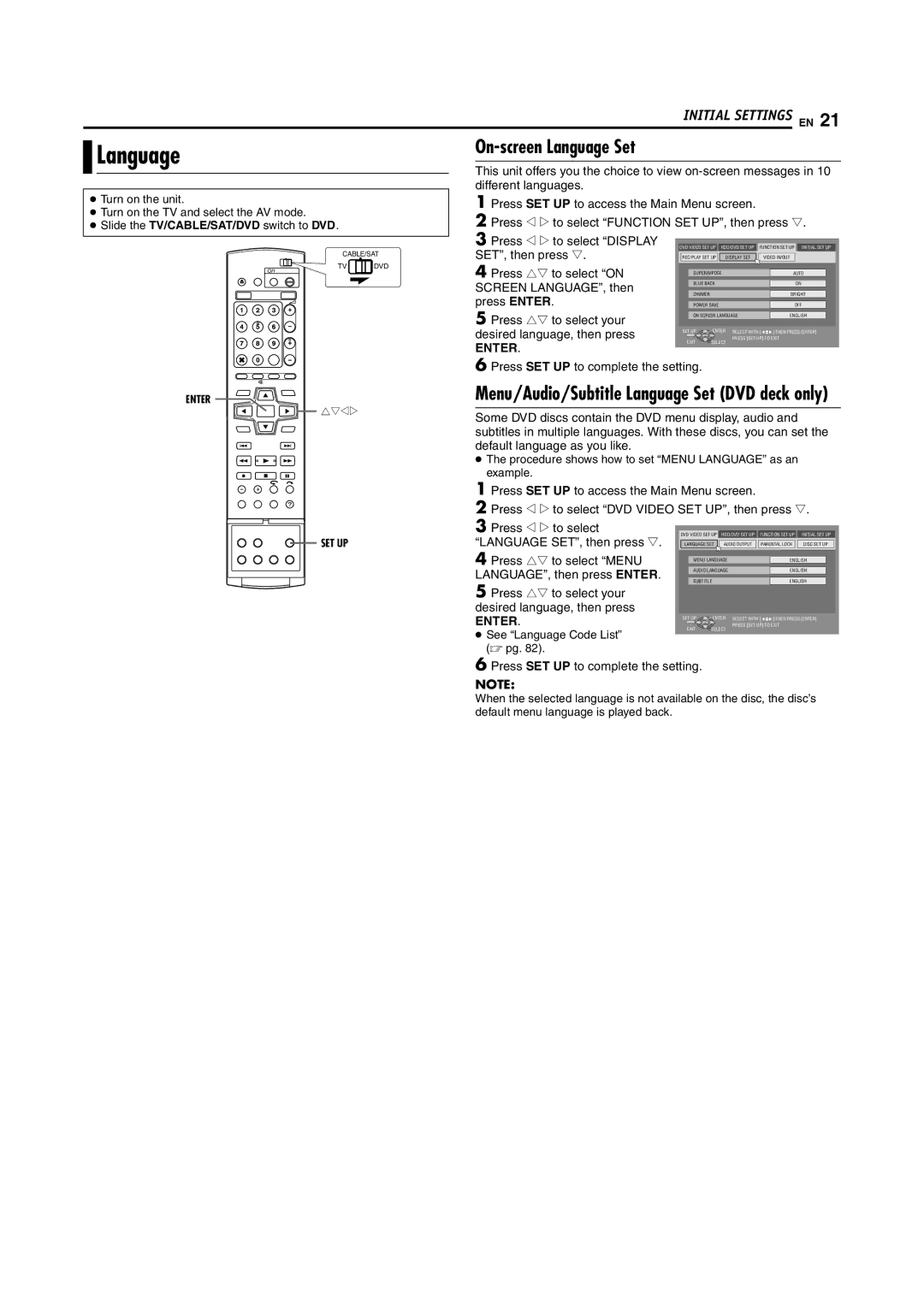 JVC LPT0923-001B manual On-screen Language Set, Press SET UP to complete the setting, Press rt to select Menu 