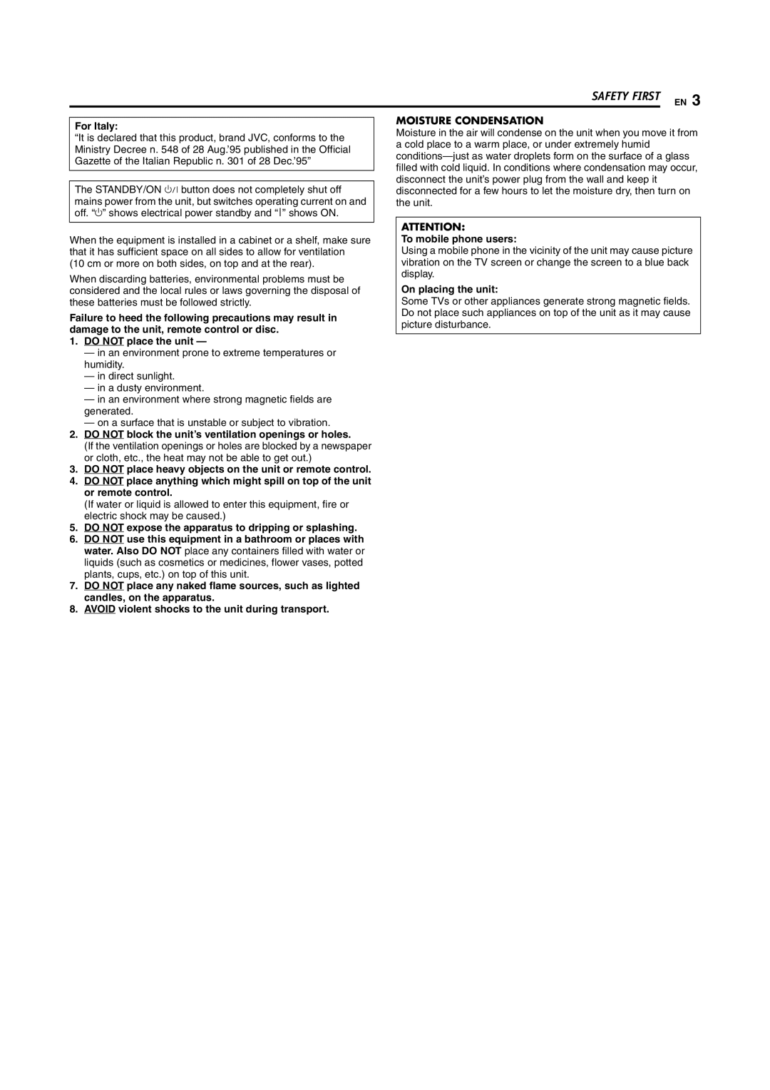 JVC LPT0923-001B manual For Italy, Do not place the unit, Do not block the unit’s ventilation openings or holes 