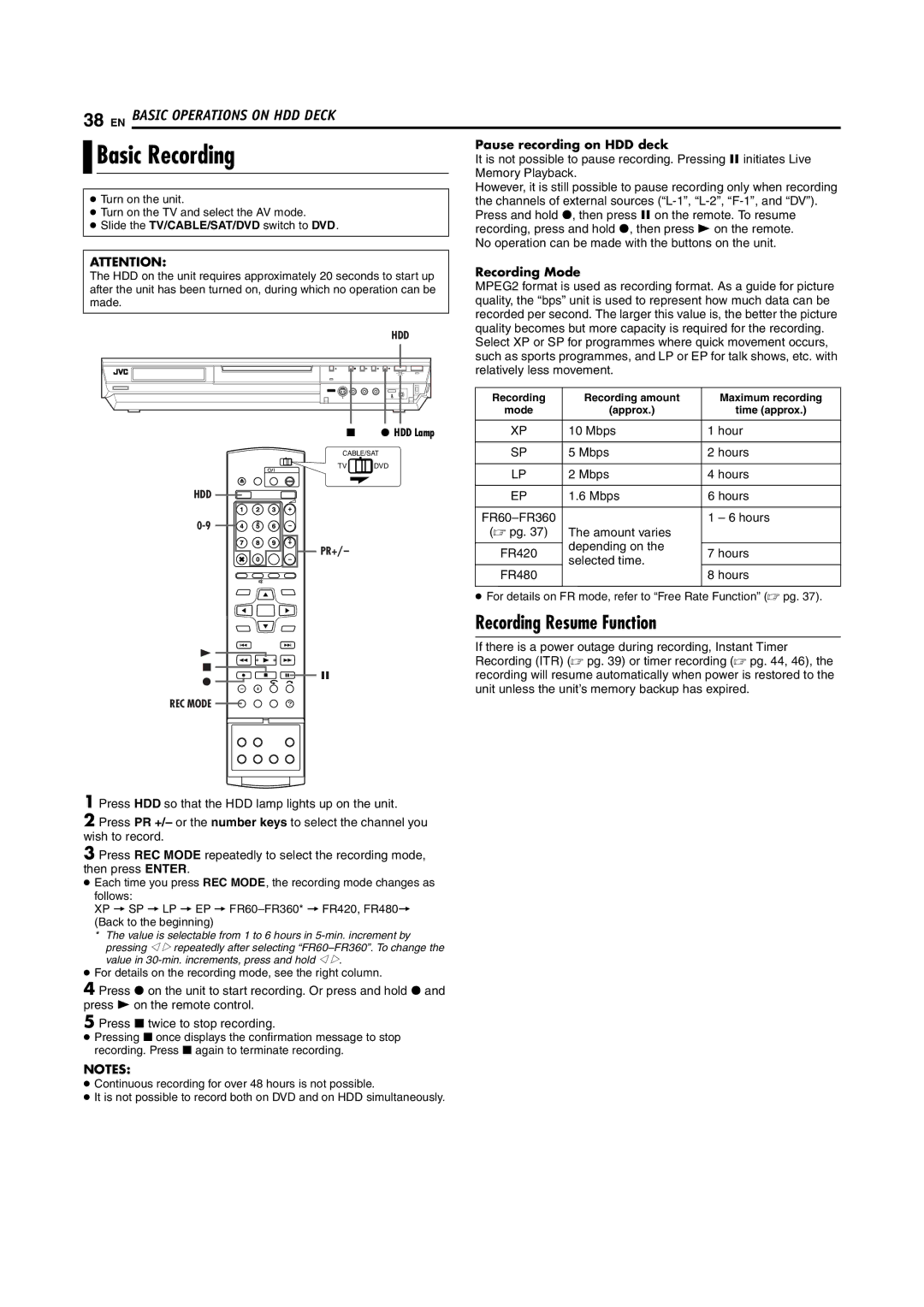 JVC LPT0923-001B manual Pause recording on HDD deck 