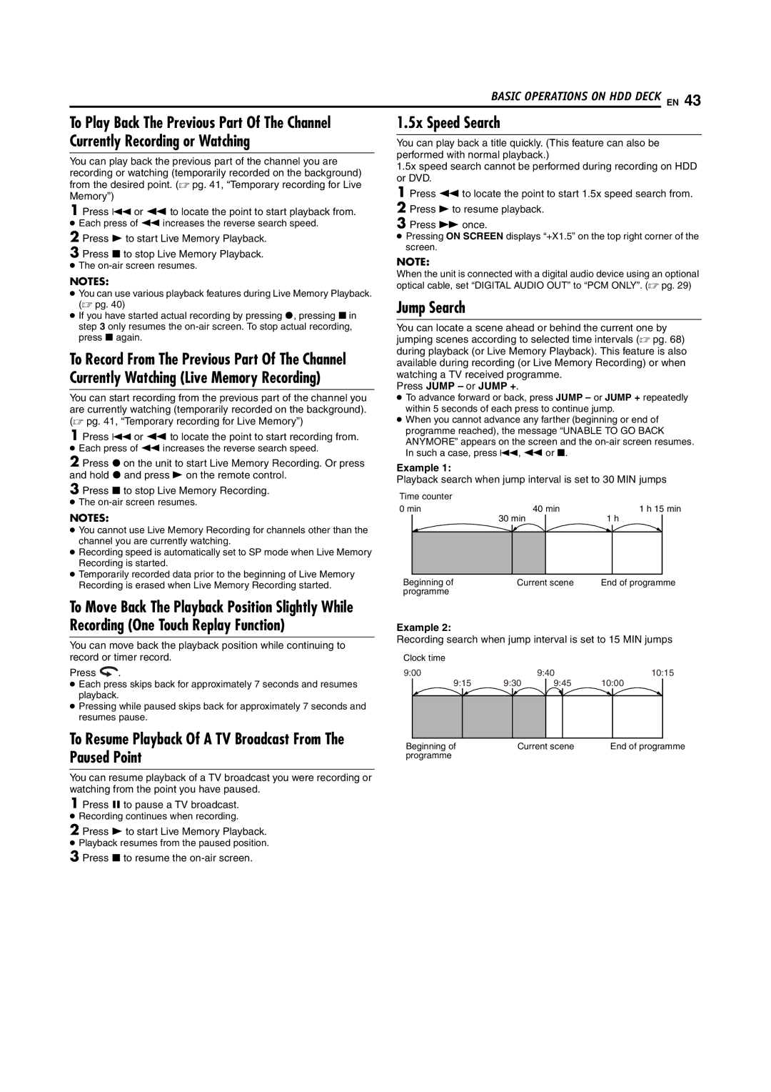 JVC LPT0923-001B manual 5x Speed Search, Jump Search, To Resume Playback Of a TV Broadcast From The Paused Point 