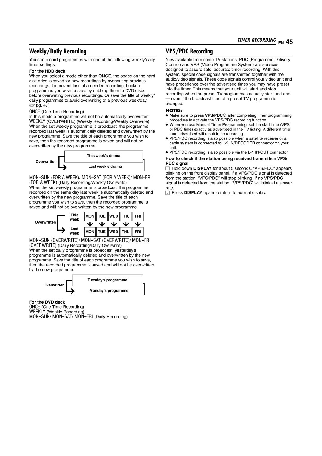 JVC LPT0923-001B manual Weekly/Daily Recording, VPS/PDC Recording, For the HDD deck, For the DVD deck 