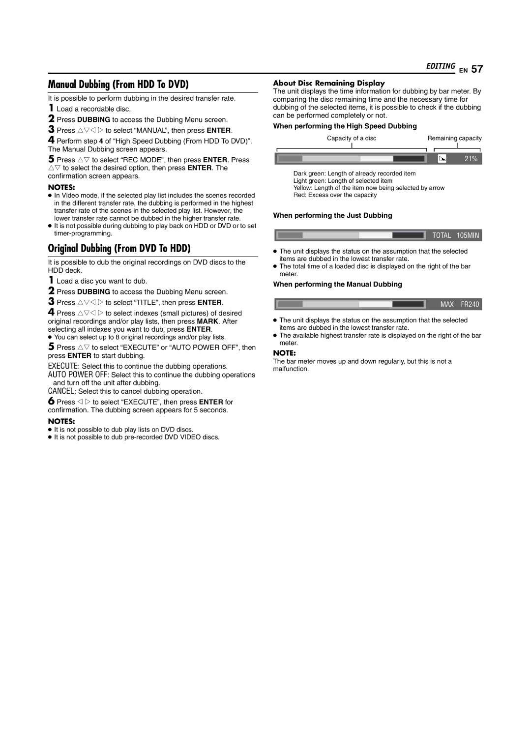 JVC LPT0923-001B manual Manual Dubbing From HDD To DVD, Original Dubbing From DVD To HDD, About Disc Remaining Display 