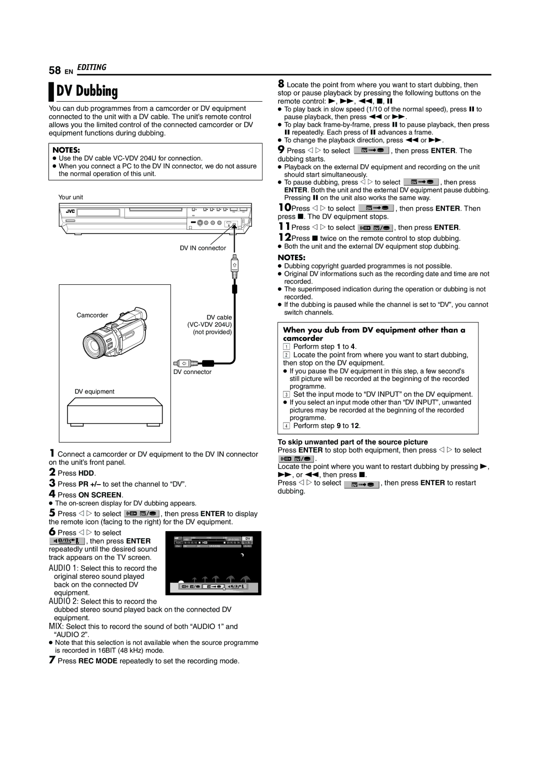 JVC LPT0923-001B manual DV Dubbing, When you dub from DV equipment other than a camcorder 