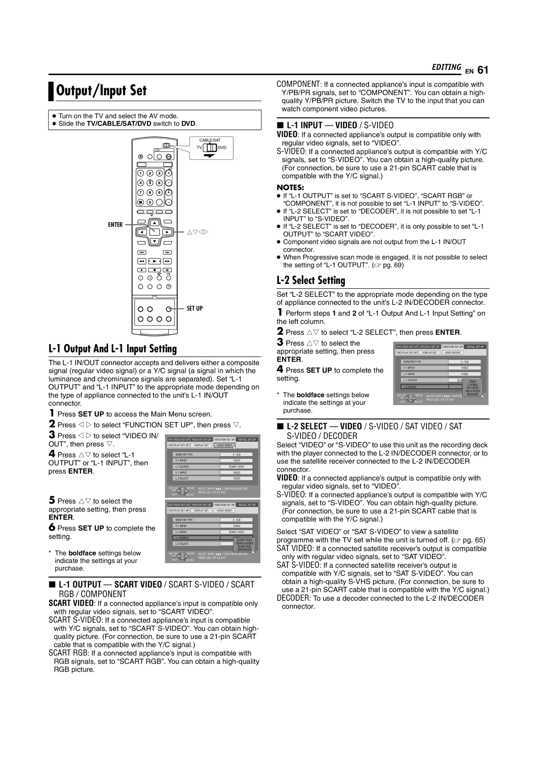 JVC LPT0923-001B manual Output/Input Set, Output And L-1 Input Setting, Select Setting 