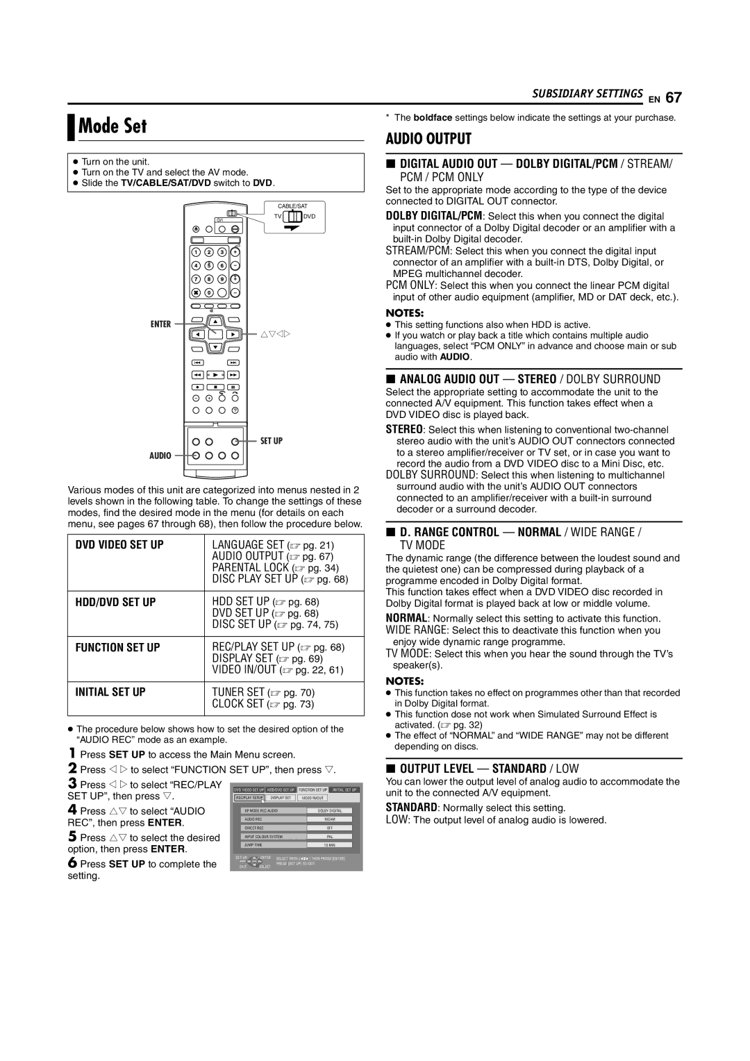 JVC LPT0923-001B manual Mode Set, Press rt to select Audio, REC, then press Enter, Press rt to select the desired 