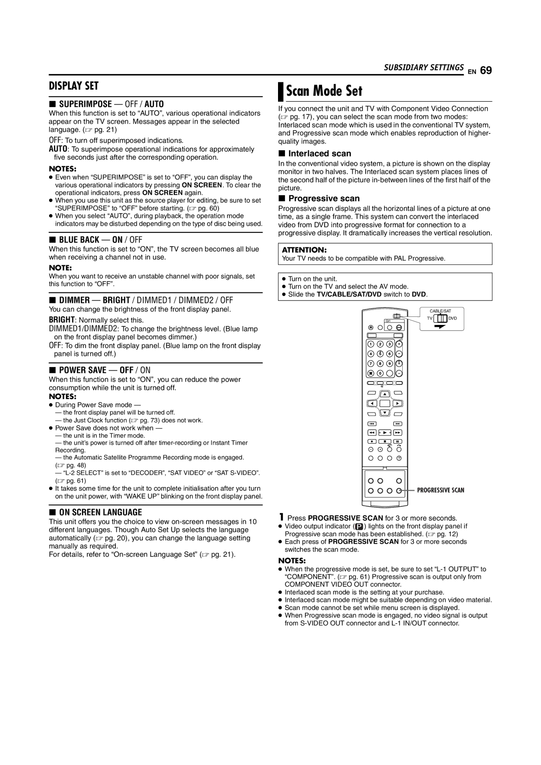 JVC LPT0923-001B manual Scan Mode Set, Press Progressive Scan for 3 or more seconds, During Power Save mode 