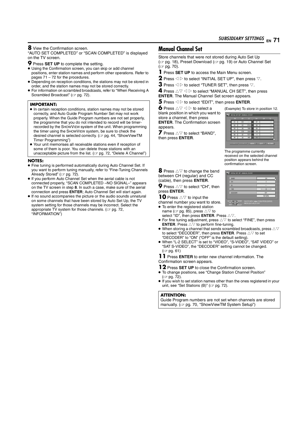 JVC LPT0923-001B manual Manual Channel Set 