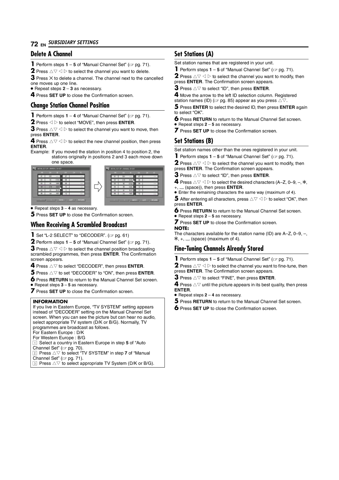 JVC LPT0923-001B Delete a Channel, Change Station Channel Position, When Receiving a Scrambled Broadcast Set Stations B 