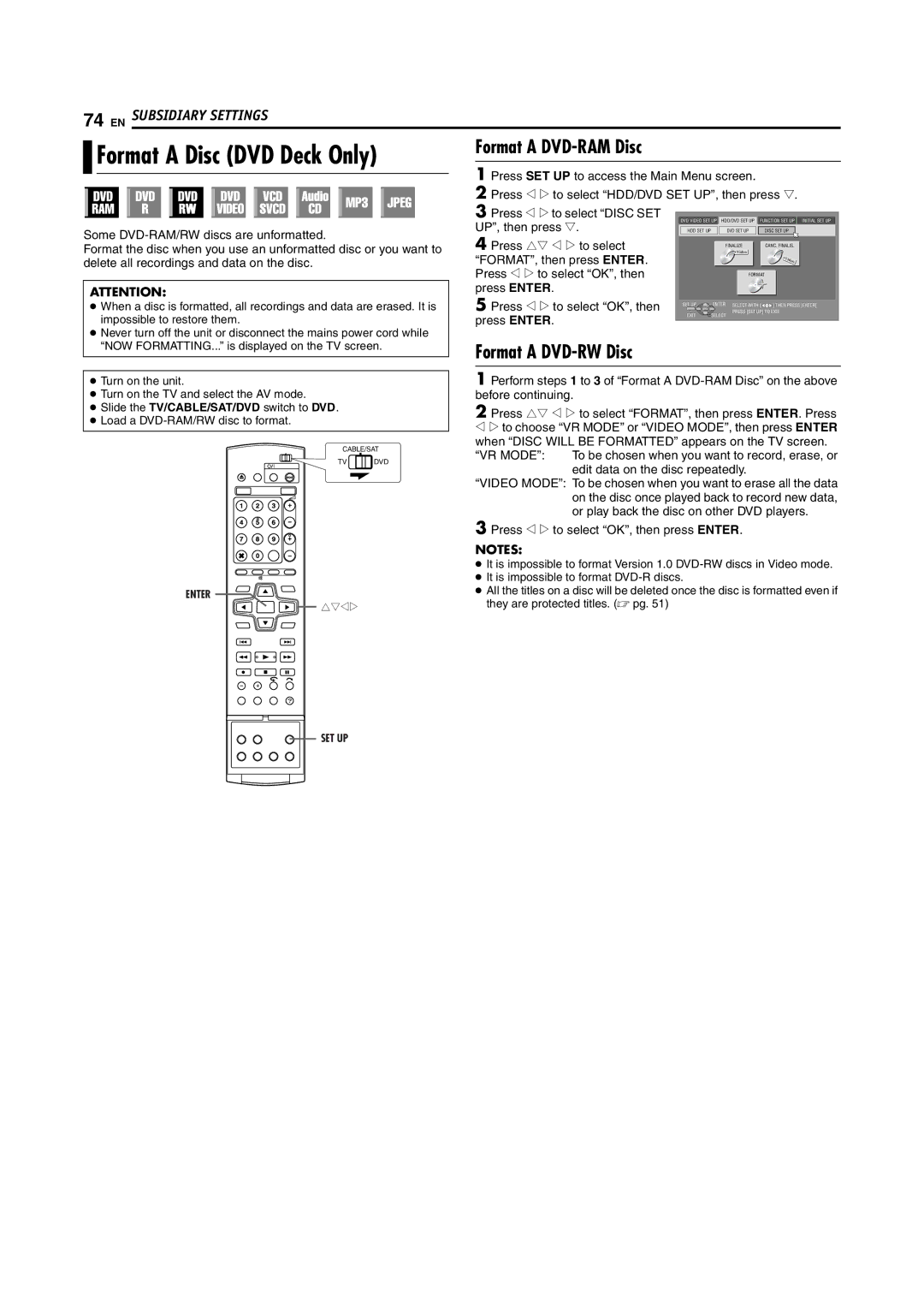 JVC LPT0923-001B manual Format a Disc DVD Deck Only, UP, then press t, Some DVD-RAM/RW discs are unformatted 