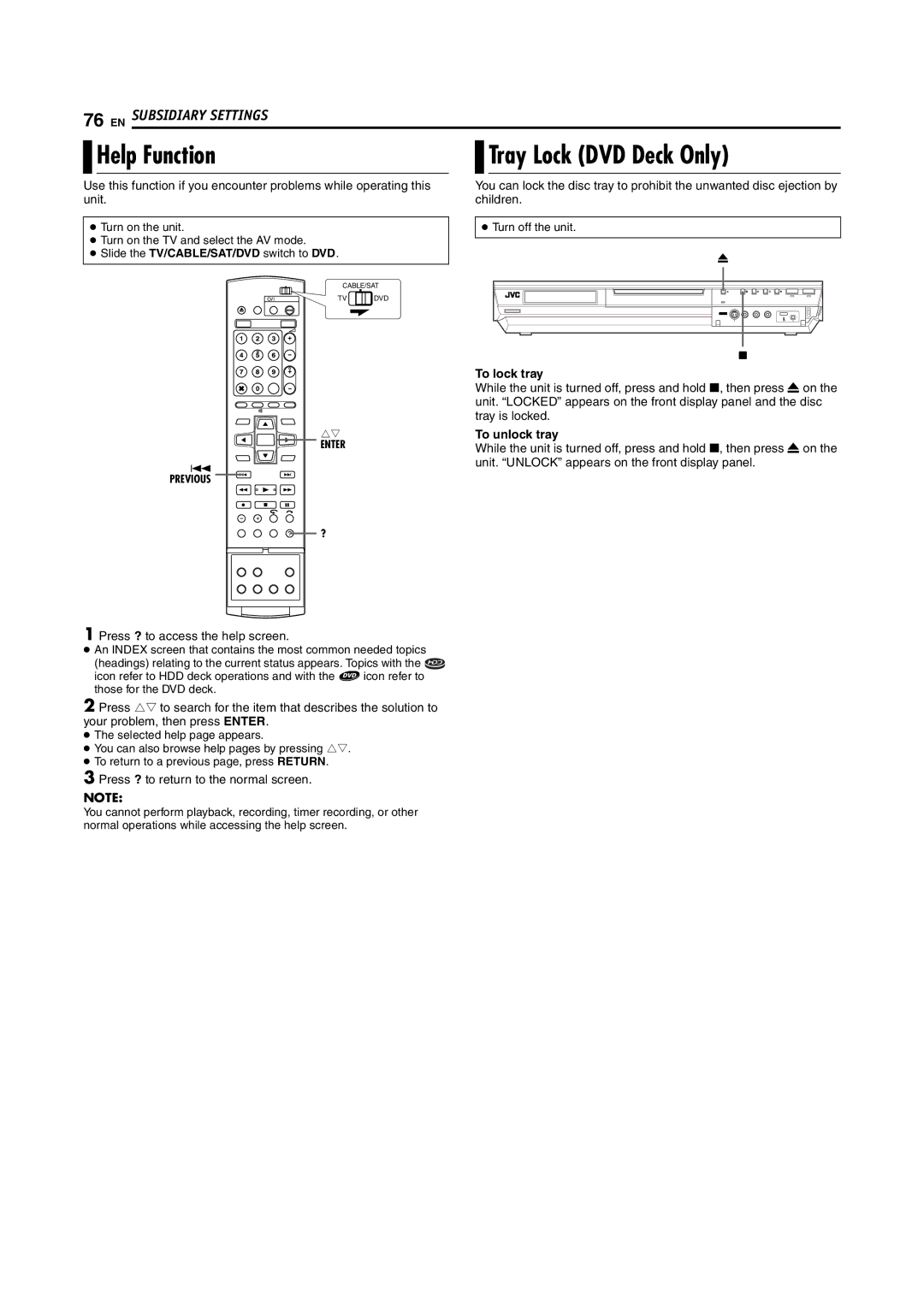 JVC LPT0923-001B manual Help Function, Tray Lock DVD Deck Only, To lock tray, To unlock tray 