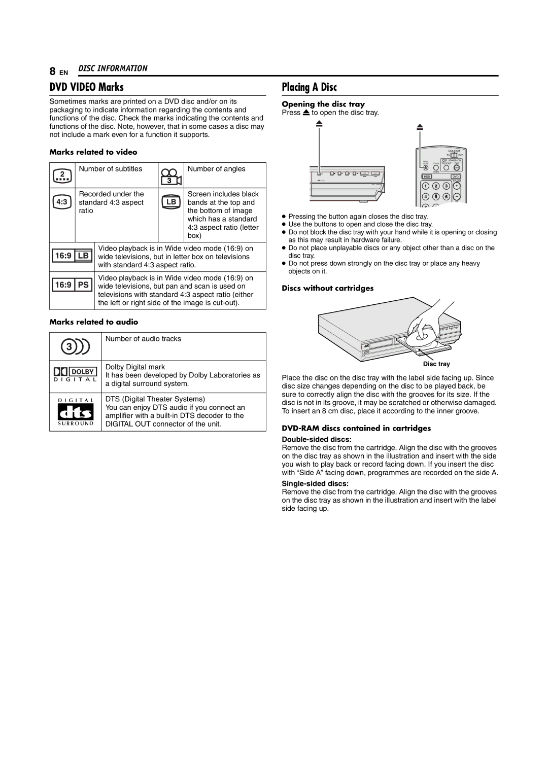 JVC LPT0923-001B manual DVD Video Marks, Placing a Disc 