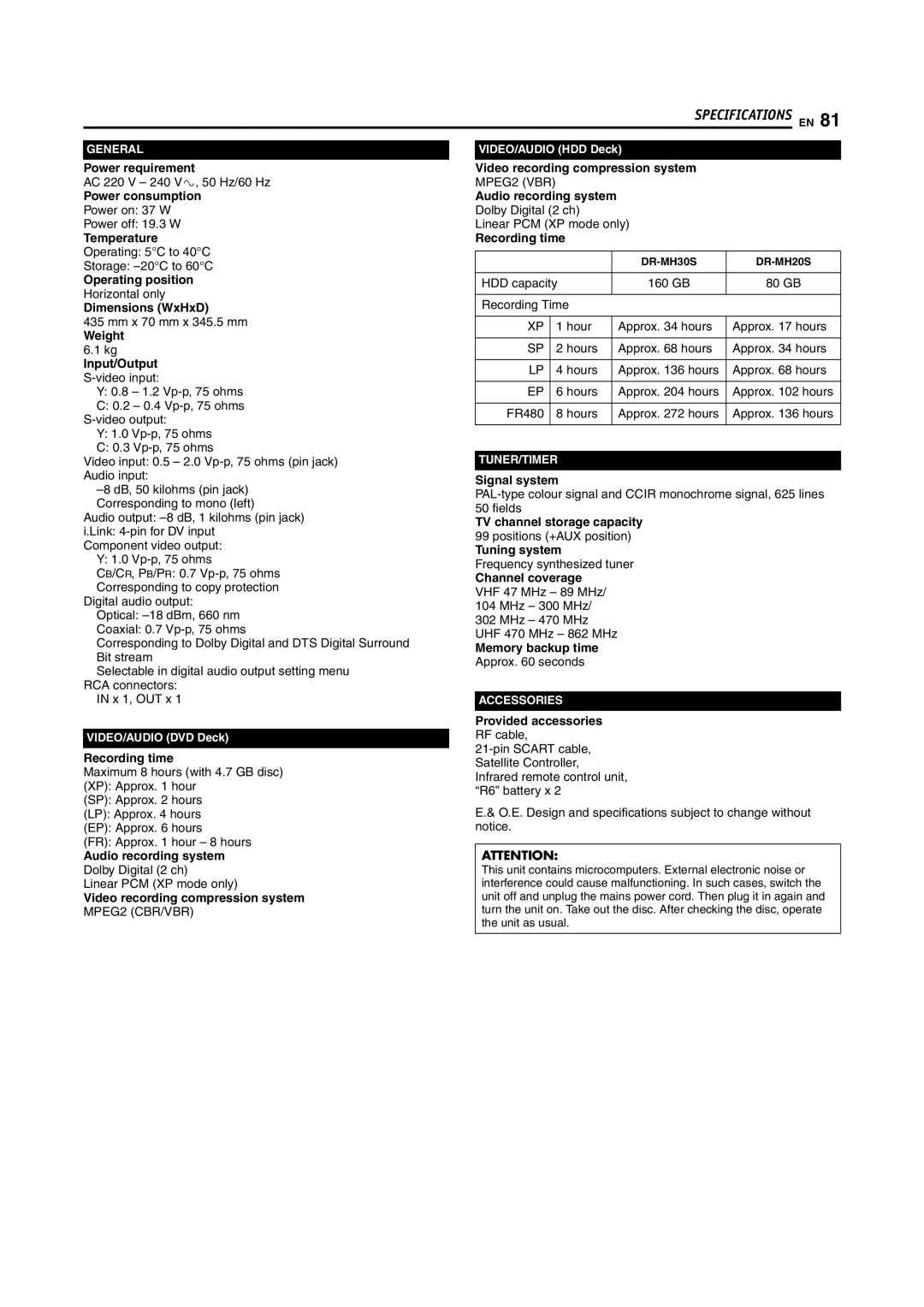 JVC LPT0923-001B Power requirement, Power consumption, Temperature, Operating position, Dimensions WxHxD, Recording time 