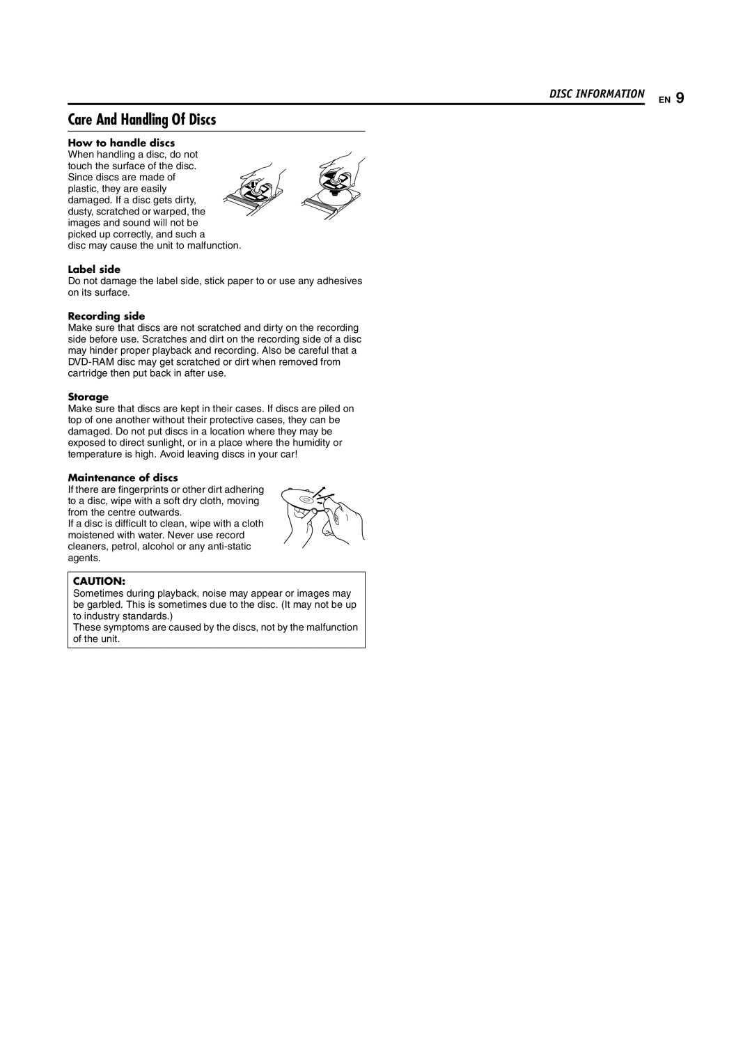 JVC LPT0923-001B manual Care And Handling Of Discs, Label side, Recording side, Storage, Maintenance of discs 