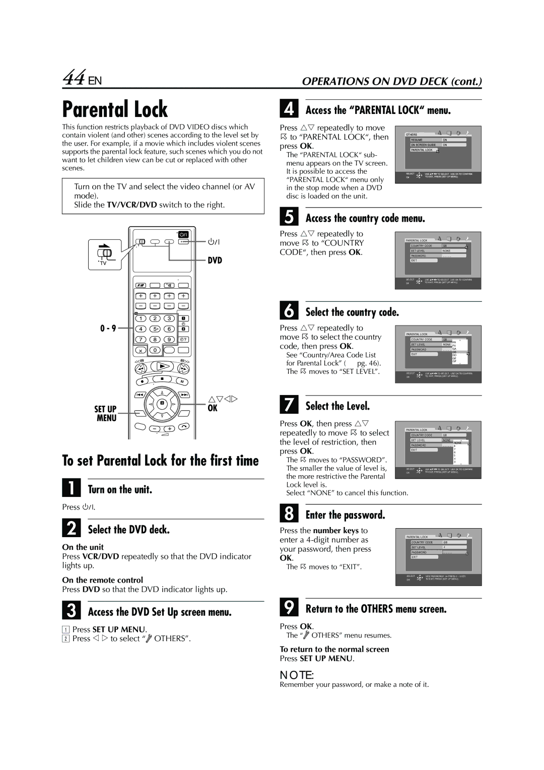 JVC LPT0970-001A, 0504CSH-ID-VT manual 44 EN, Parental Lock 