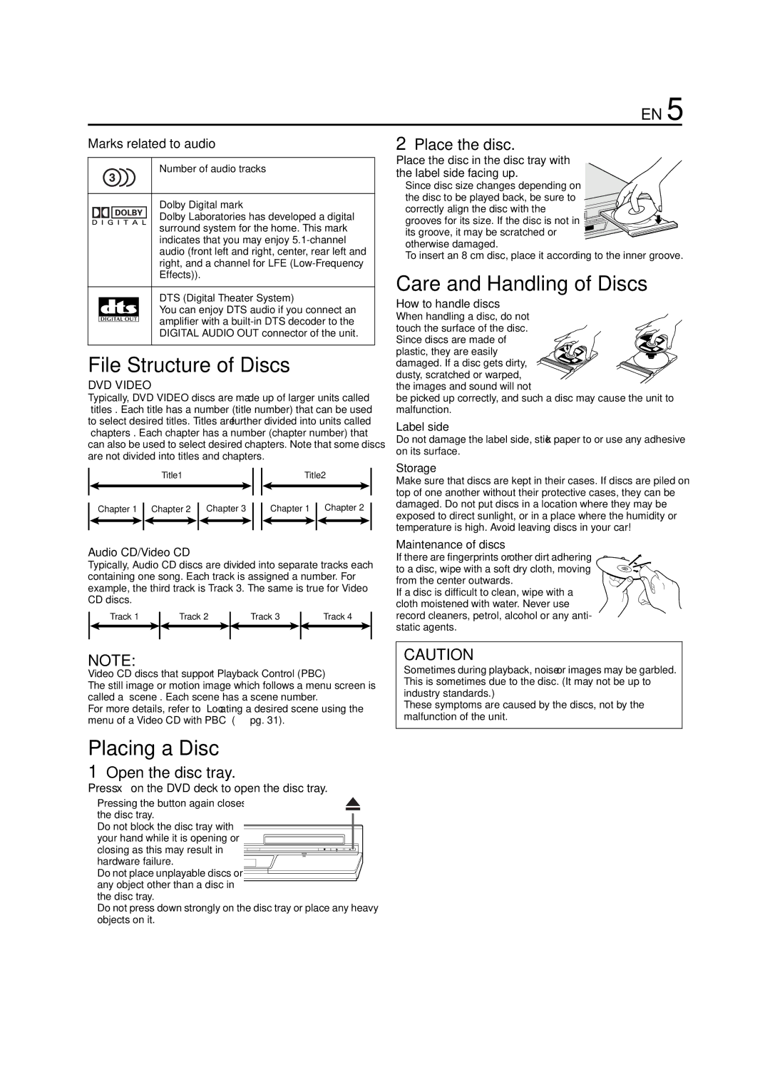 JVC 0504CSH-ID-VT File Structure of Discs, Care and Handling of Discs, Placing a Disc, Place the disc, Open the disc tray 