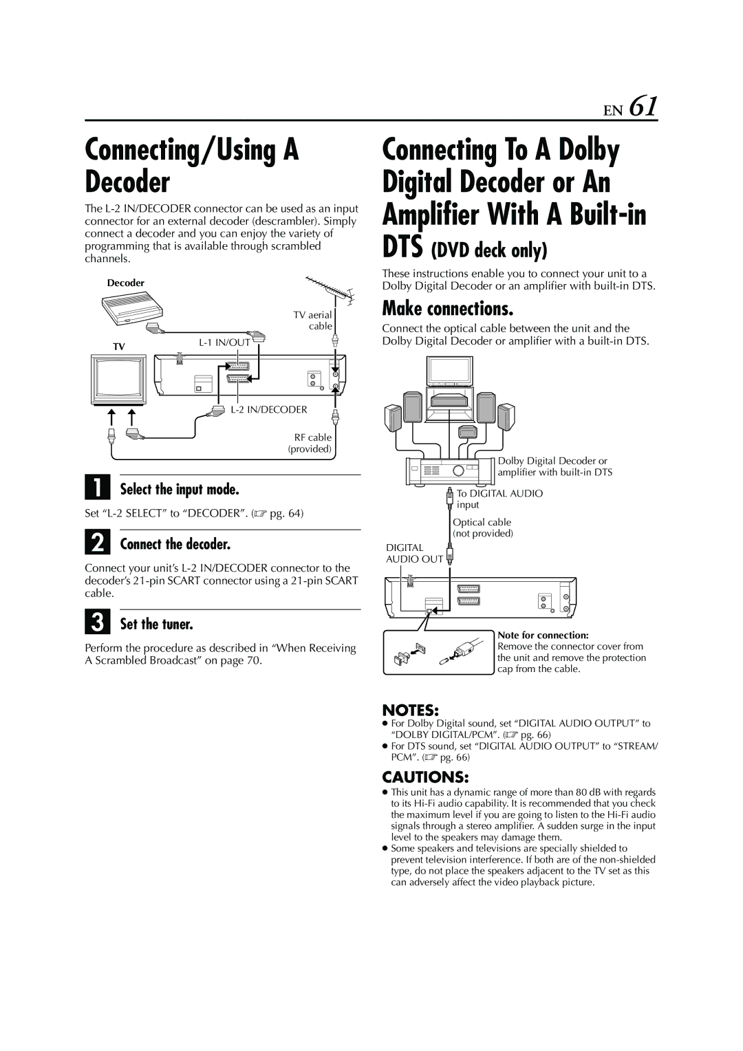 JVC 0504CSH-ID-VT, LPT0970-001A manual Make connections, Select the input mode, Connect the decoder, Set the tuner 