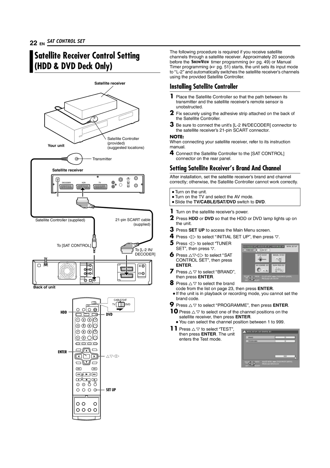 JVC LPT0976-001B, 1204MNH-SW-VE manual HDD & DVD Deck Only, Installing Satellite Controller 