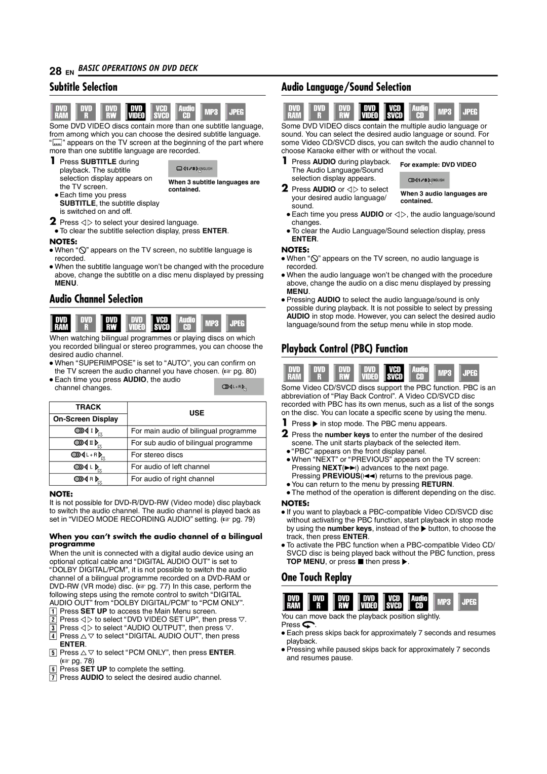 JVC LPT0976-001B Subtitle Selection Audio Language/Sound Selection, Audio Channel Selection, Playback Control PBC Function 