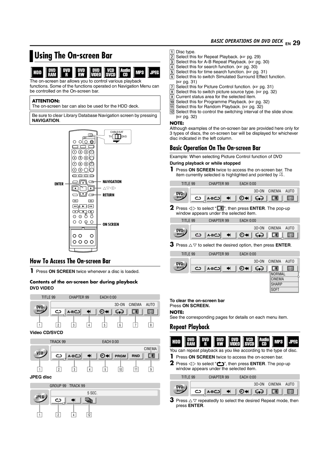 JVC 1204MNH-SW-VE manual Basic Operation On The On-screen Bar, How To Access The On-screen Bar, Repeat Playback, Navigation 