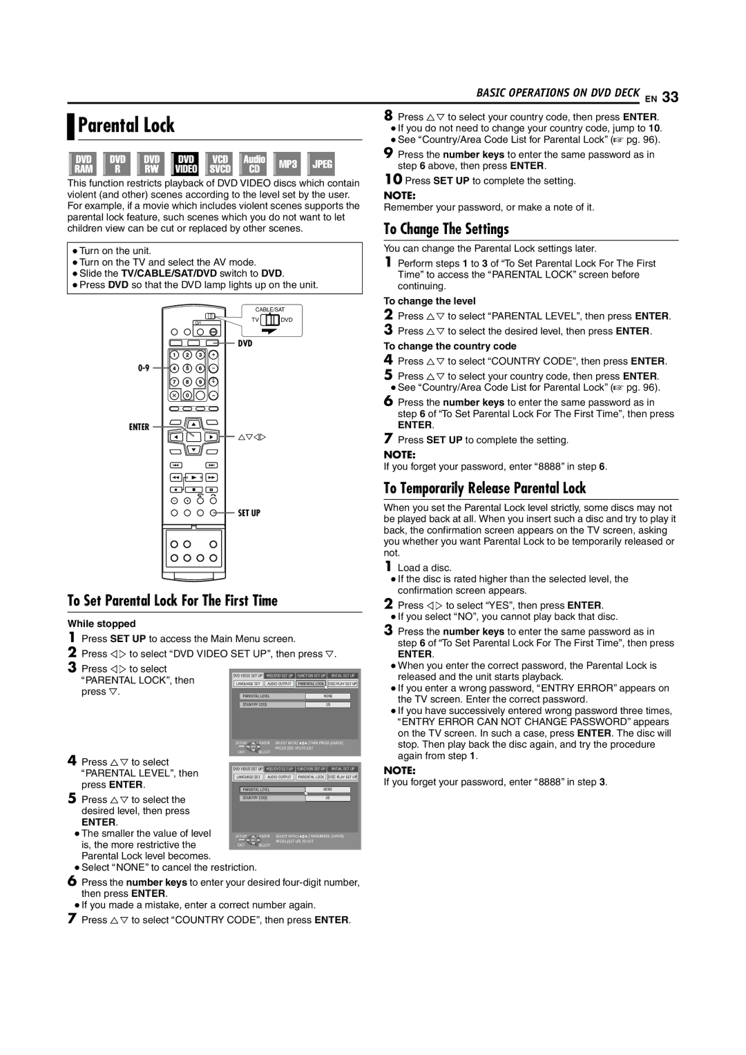 JVC 1204MNH-SW-VE To Change The Settings, To Set Parental Lock For The First Time, To Temporarily Release Parental Lock 