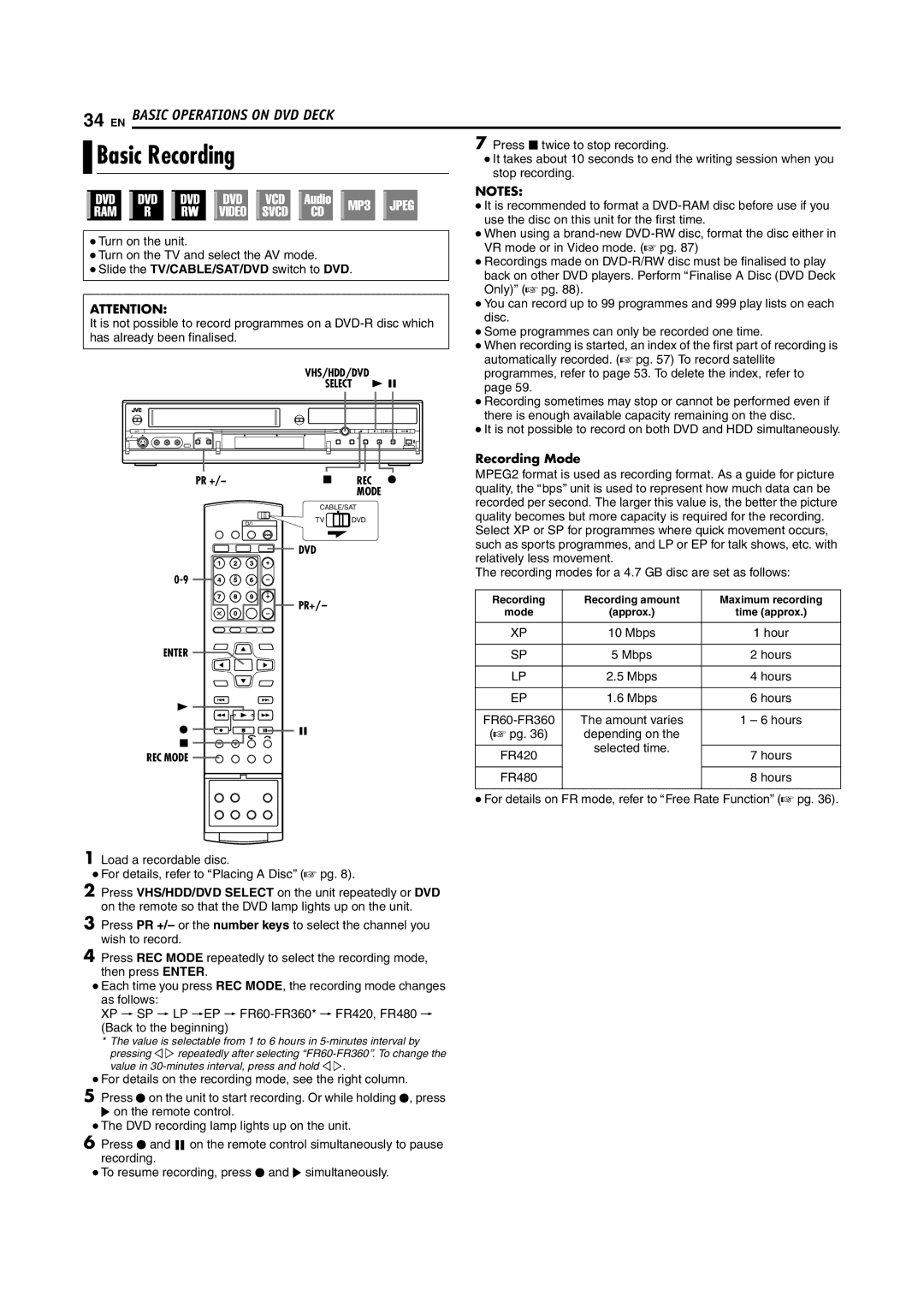 JVC LPT0976-001B, 1204MNH-SW-VE manual Recording Mode 