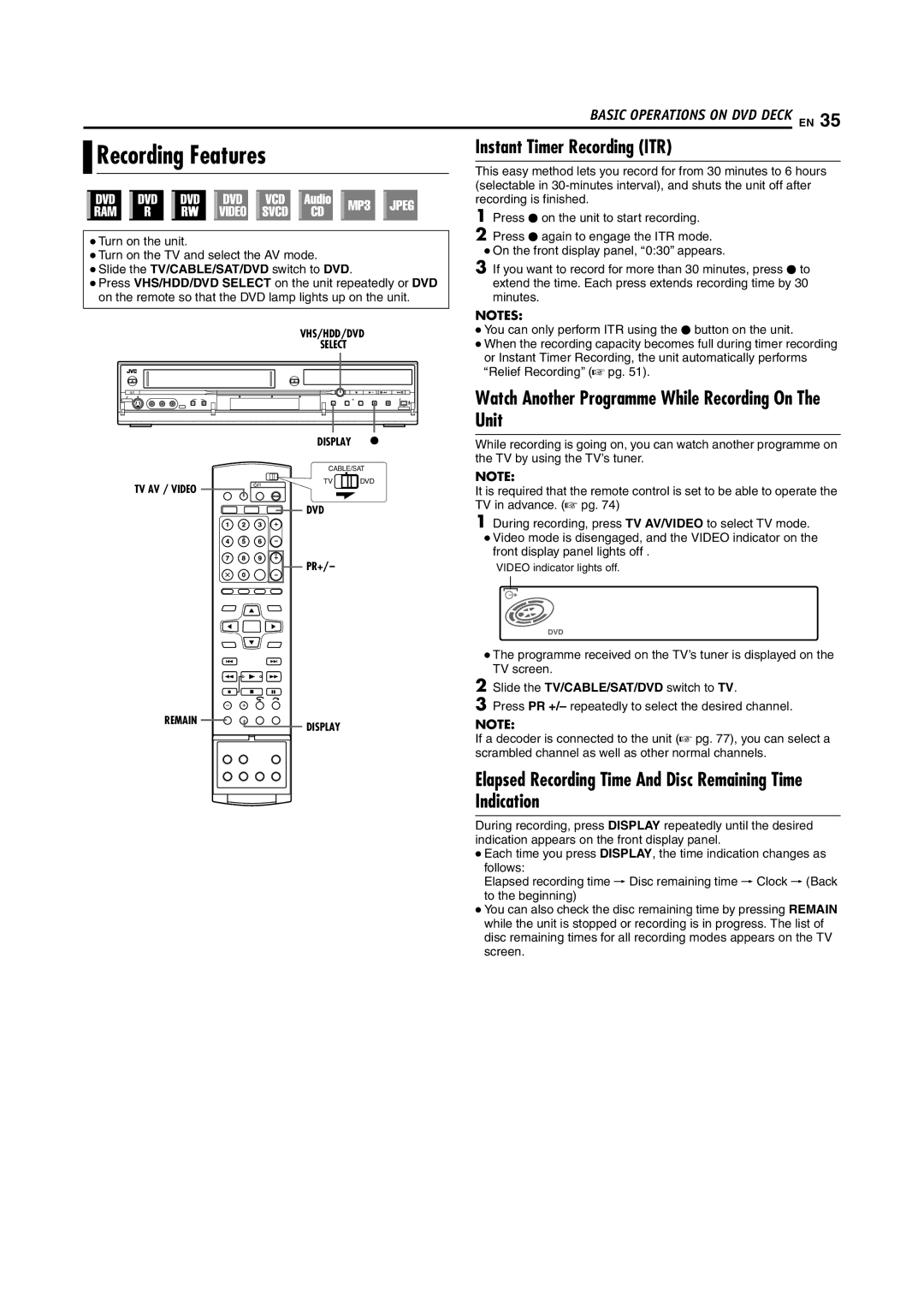 JVC 1204MNH-SW-VE Recording Features, Instant Timer Recording ITR, Watch Another Programme While Recording On The Unit 