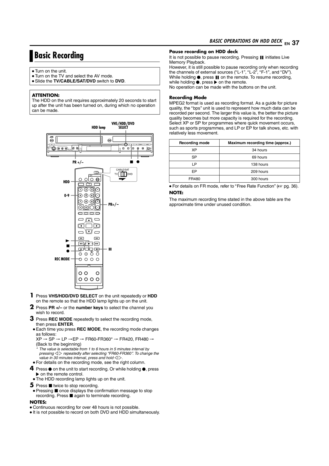 JVC 1204MNH-SW-VE, LPT0976-001B manual Basic Recording, Pause recording on HDD deck, Memory Playback 