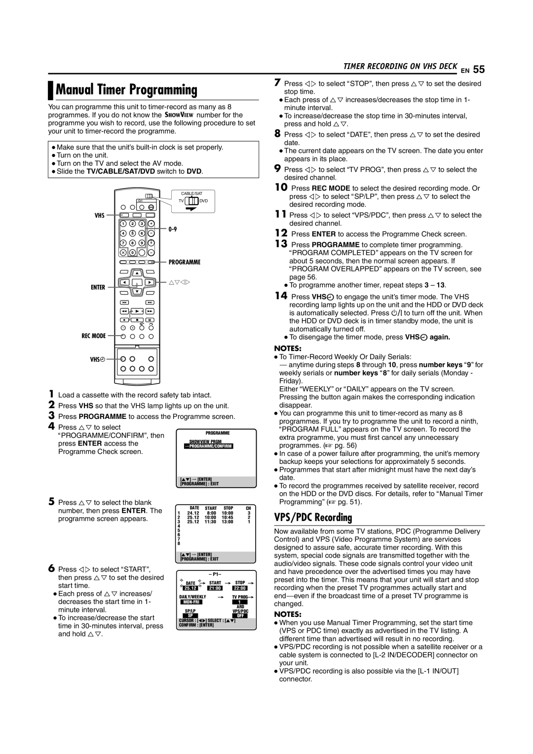 JVC 1204MNH-SW-VE, LPT0976-001B manual Manual Timer Programming, VPS/PDC Recording 