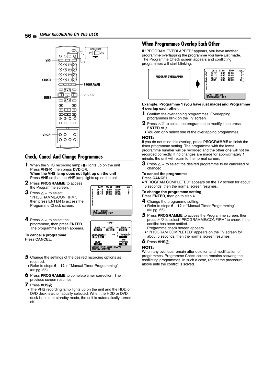 JVC LPT0976-001B When Programmes Overlap Each Other, Check, Cancel And Change Programmes, To change the programme setting 