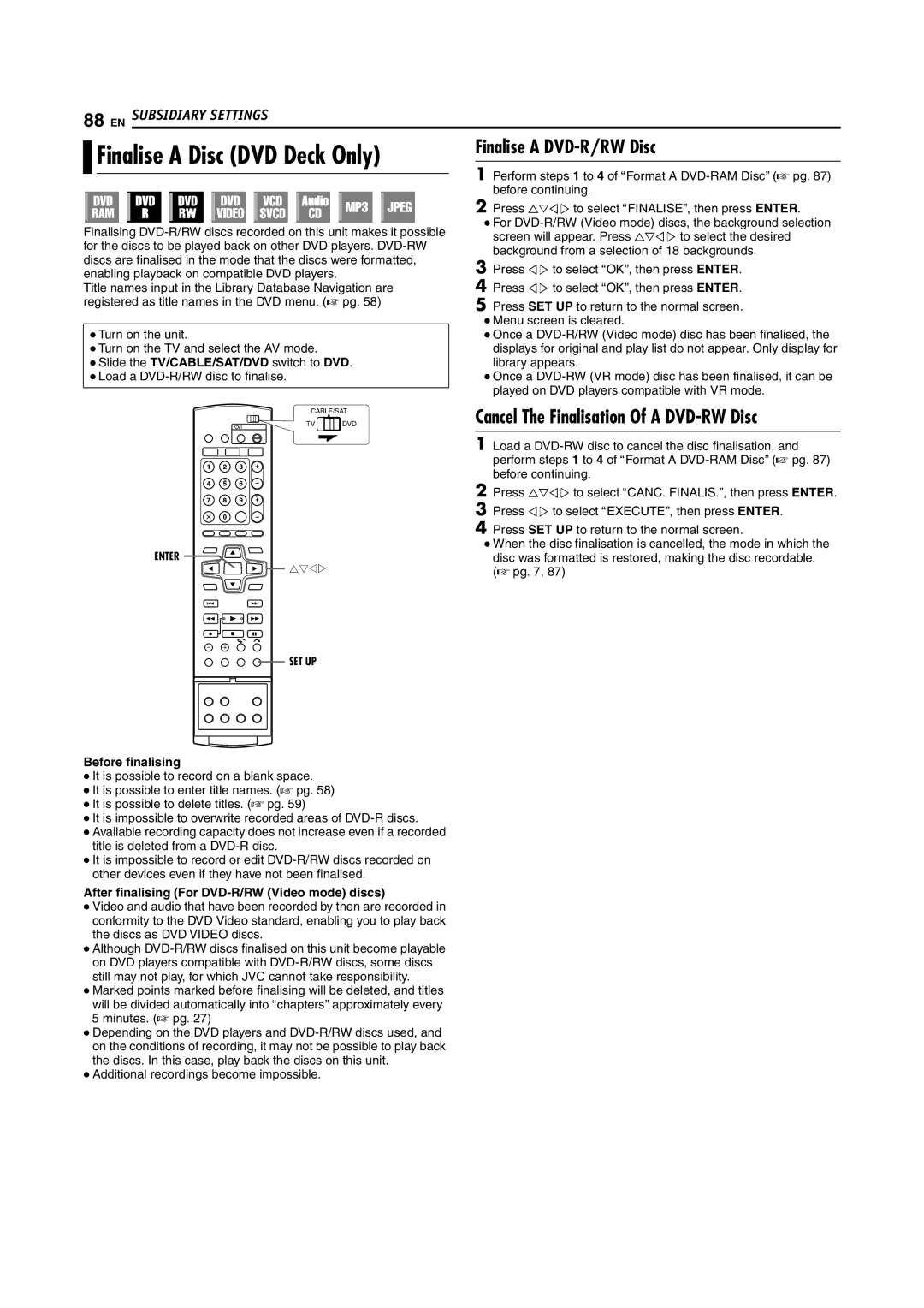 JVC LPT0976-001B, 1204MNH-SW-VE manual Finalise a DVD-R/RW Disc, Cancel The Finalisation Of a DVD-RWDisc 