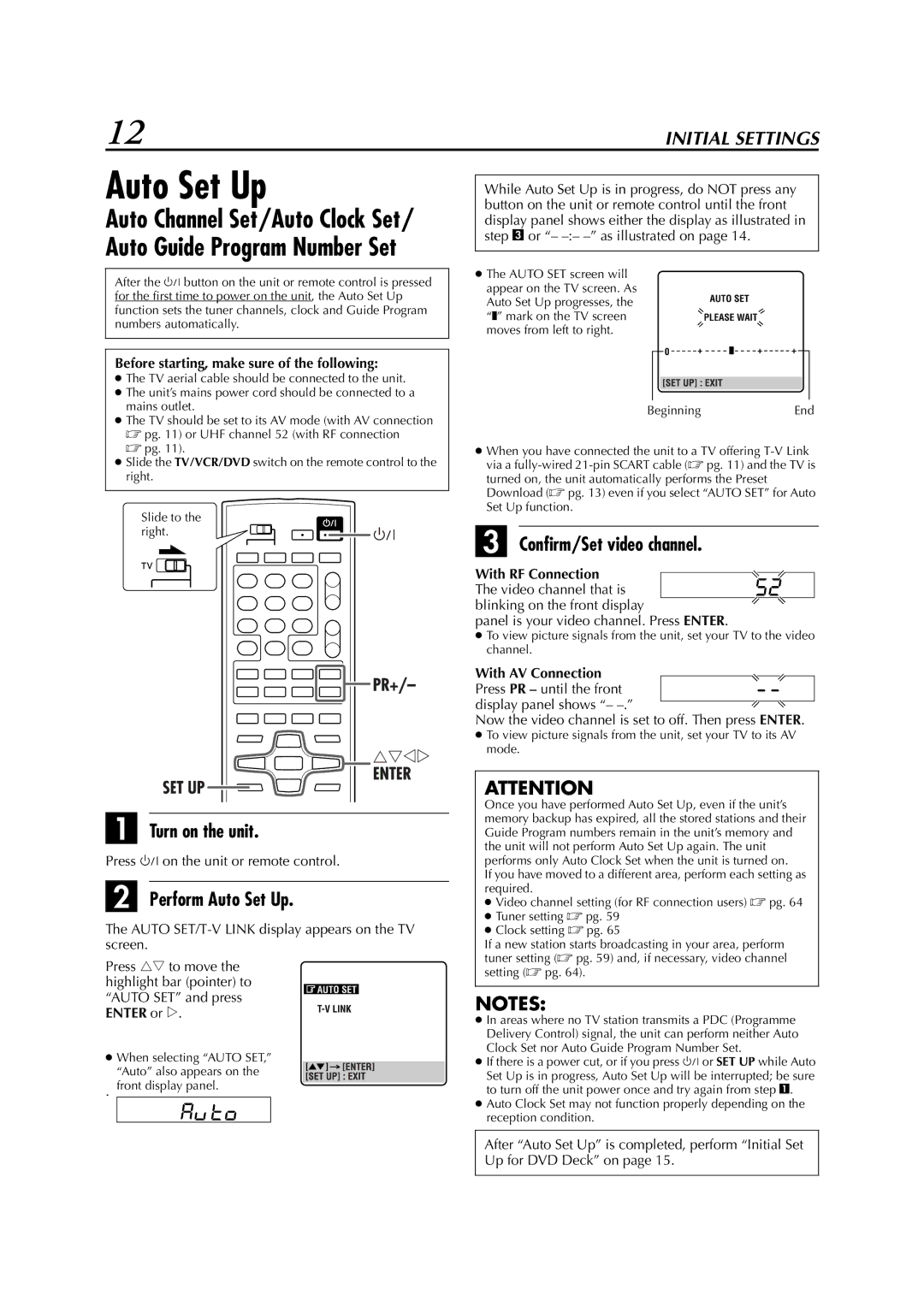 JVC LPT0991-001A manual Turn on the unit, Perform Auto Set Up, Confirm/Set video channel 