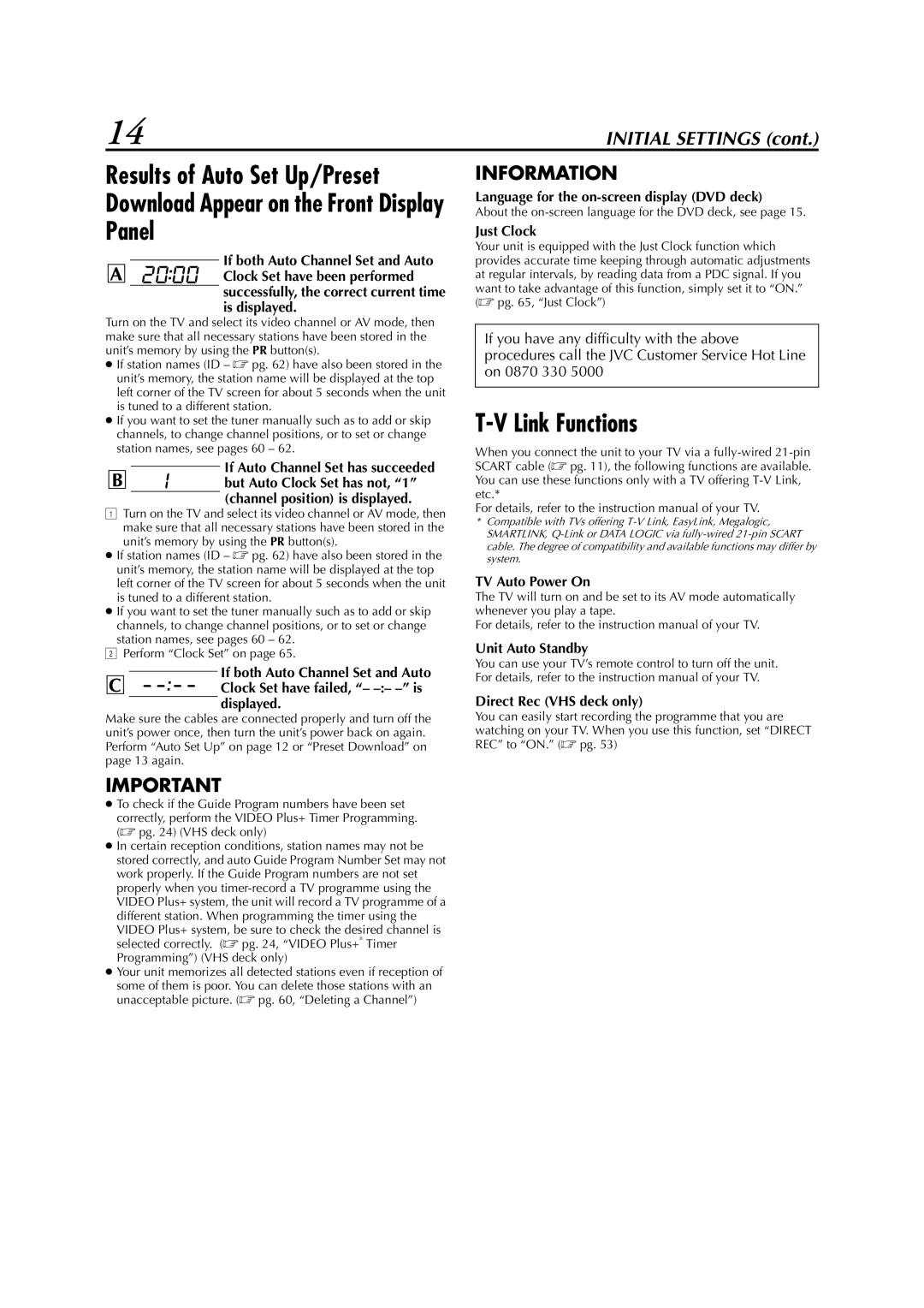 JVC LPT0991-001A manual Link Functions, Language for the on-screen display DVD deck, Just Clock, TV Auto Power On 