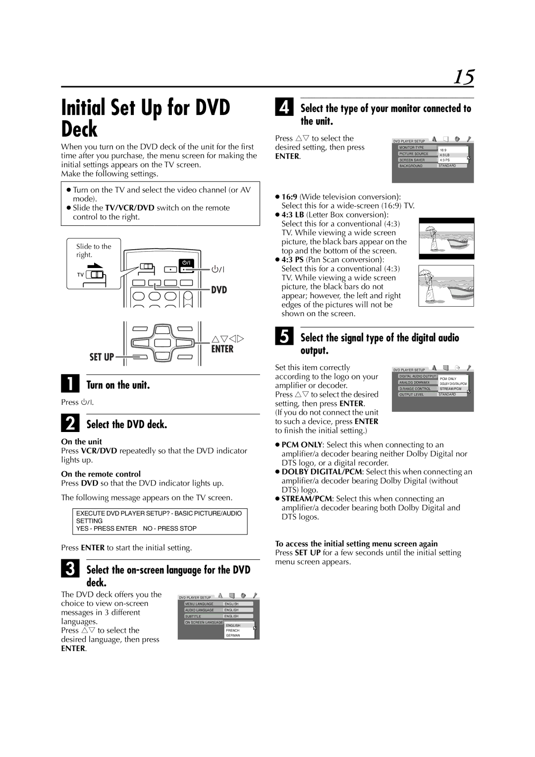 JVC LPT0991-001A Initial Set Up for DVD Deck, Select the type of your monitor connected to the unit, Select the DVD deck 