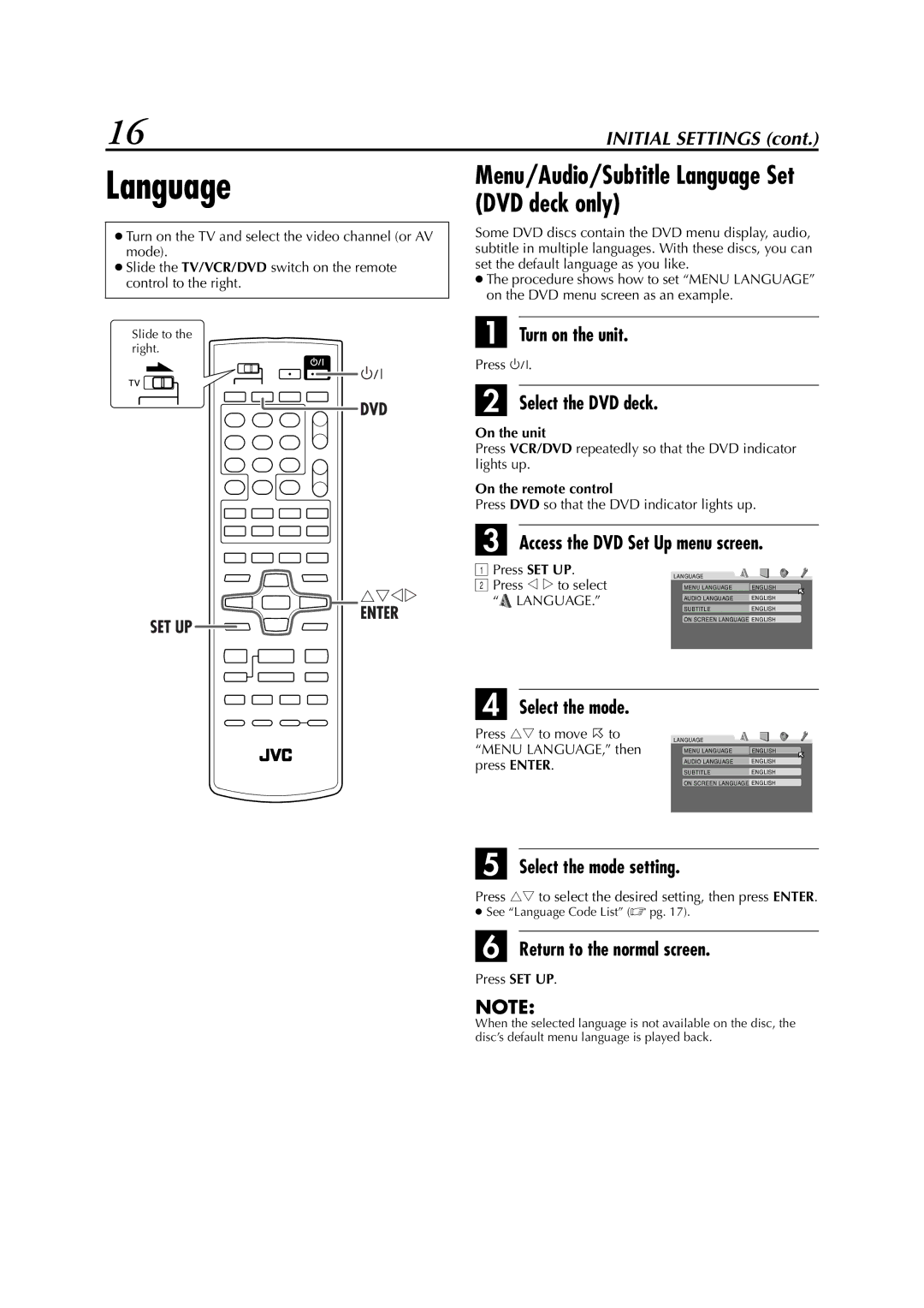 JVC LPT0991-001A Language, Access the DVD Set Up menu screen, Select the mode setting, Return to the normal screen 